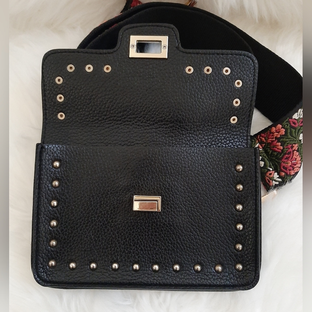 *FINAL SALE* STEVE MADDEN Embroidered Guitar Strap Black Leather Belt Bag - Picture 8 of 14